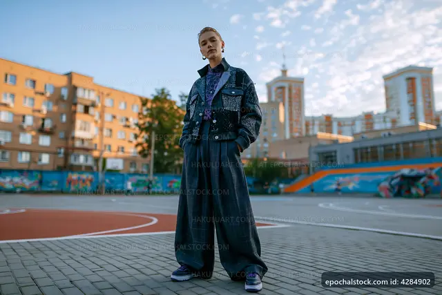 Young person in stylish outfit standing on urban basketball court