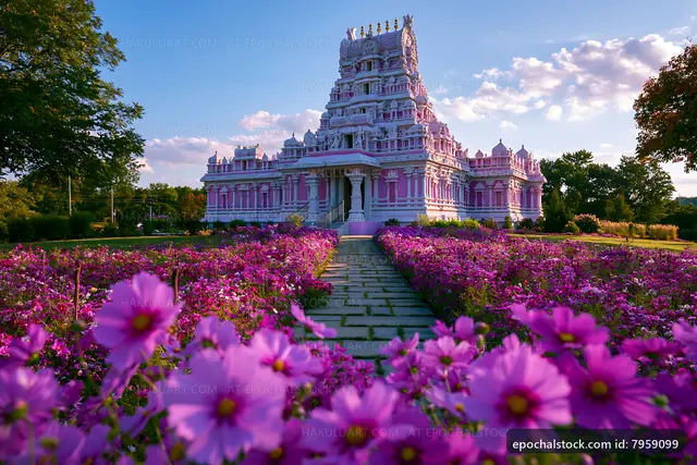 Temple surrounded by flowers on a sunny day