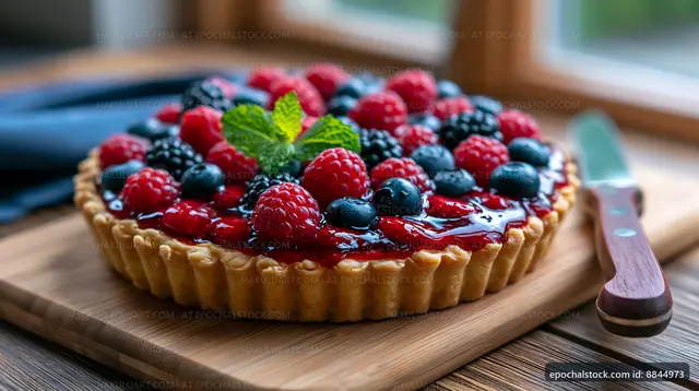 Berry tart on a wooden board next to a knife