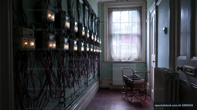 Old hallway with electric meters and vintage baby carriage
