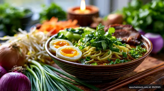 Noodle bowl with vegetables and soft boiled eggs on wooden table