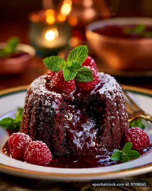 Chocolate lava cake with fresh raspberries and mint leaves