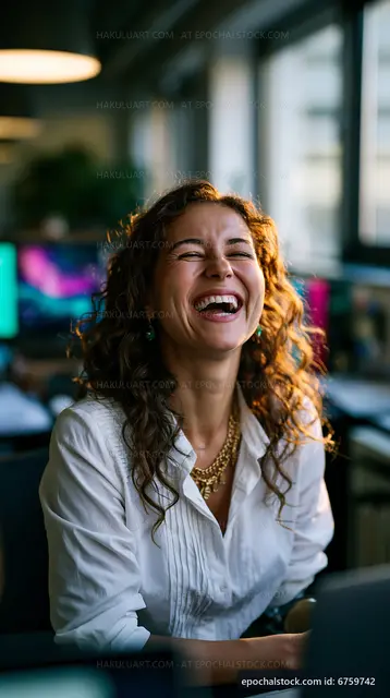 Woman laughing in a modern office setting