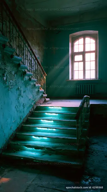 Light shining on old staircase in abandoned building