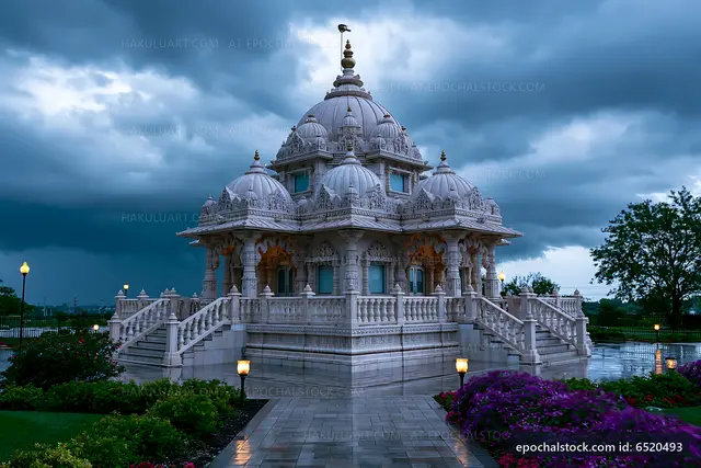 Storm clouds gather over a temple in a city park