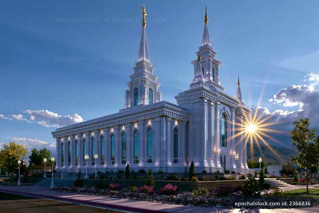Modern church building with two spires and sun in the background
