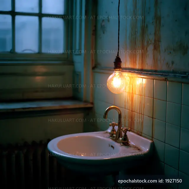 Old sink with hanging light in dim bathroom