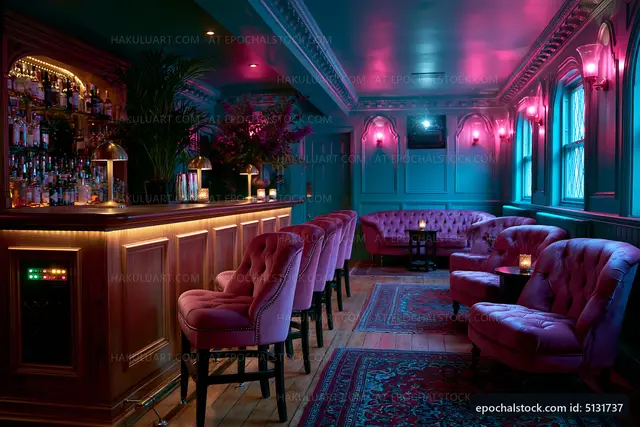 Cozy lounge with pink lighting and stylish seating