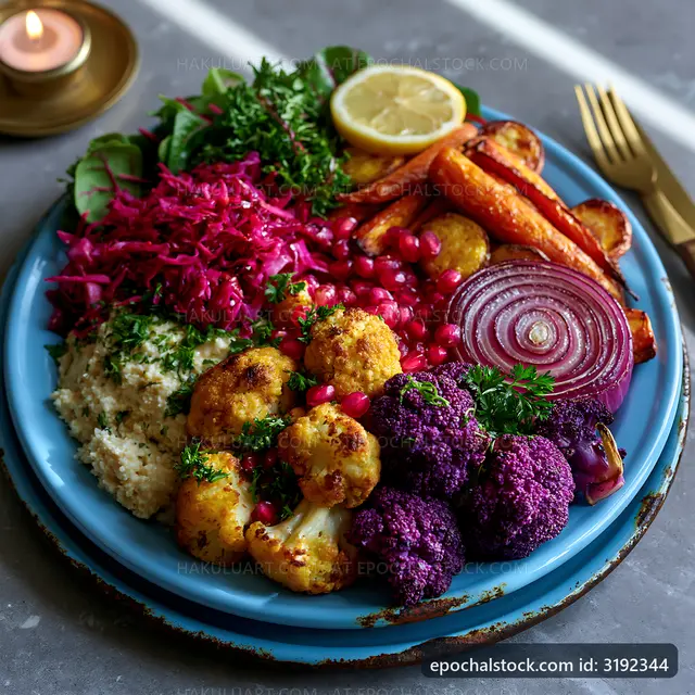 Colorful salad plate with roasted vegetables and herbs