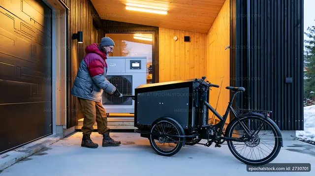 Delivery person using cargo bike outside a modern garage