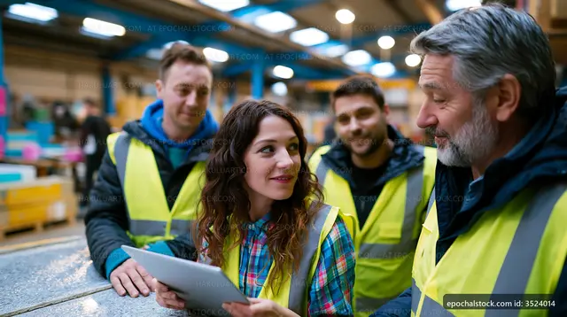Team of workers discussing project in warehouse