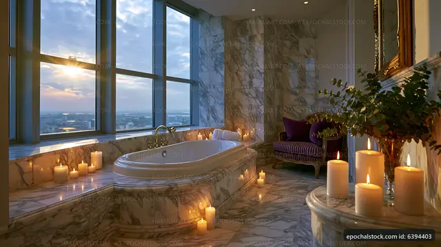Elegant bathroom with candles and large window view