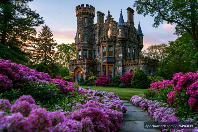 Castle surrounded by colorful flowers at sunset