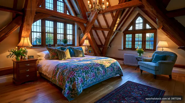 Cozy bedroom with wooden beams and large windows
