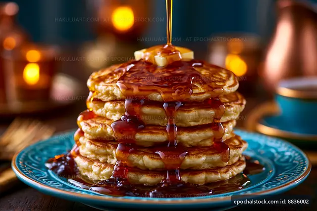 Stacks of pancakes with syrup and butter on a blue plate