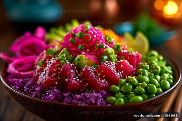 Colorful poke bowl with tuna, avocado, and vegetables