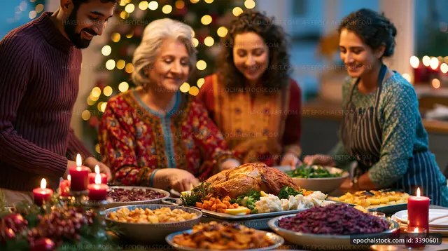 Family gathering around a festive table filled with food