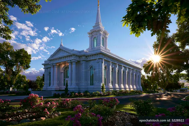 Church building surrounded by flowers at sunset