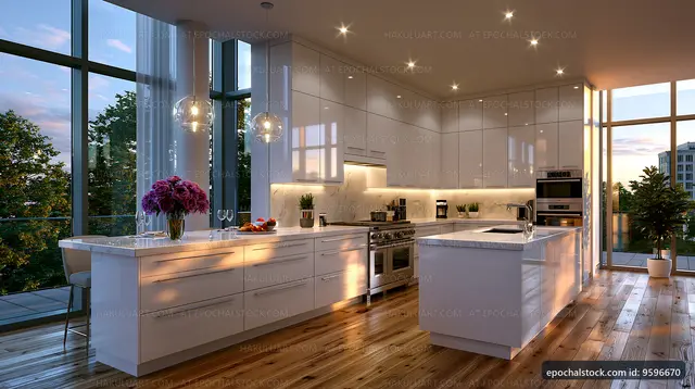 Modern kitchen with large windows and sleek design at sunset