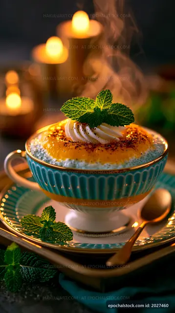 Dessert with cream and mint leaves served in a blue bowl
