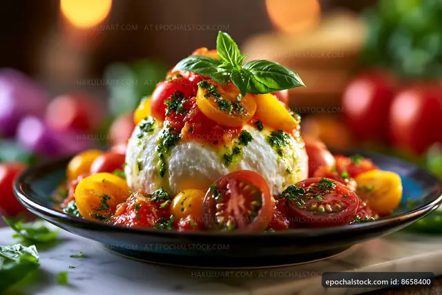 Burrata cheese with fresh tomatoes and basil on a black plate