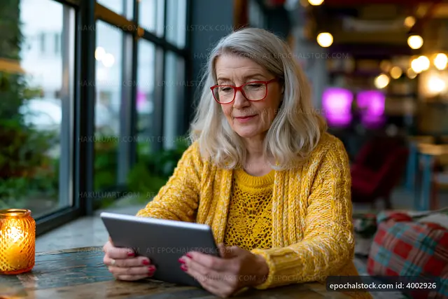 Woman using tablet near window in cozy cafe