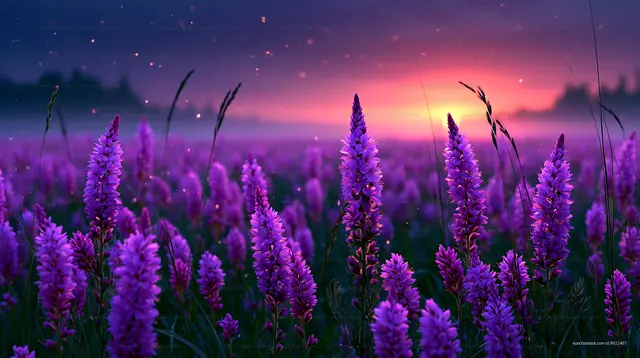 Purple flowers in a field at sunset with a colorful sky