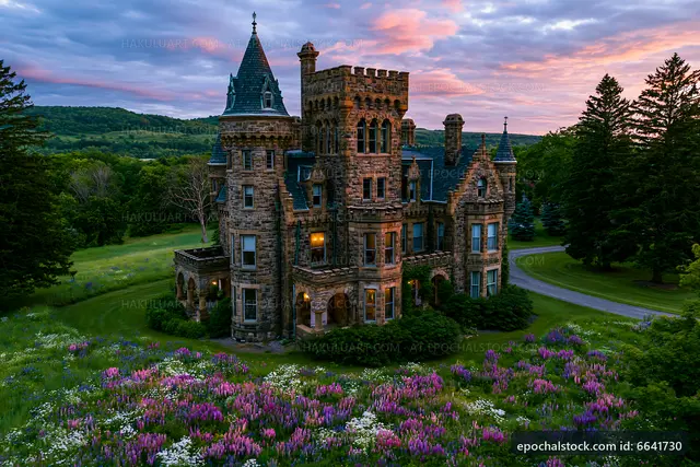 Historic stone castle surrounded by wildflowers at sunset