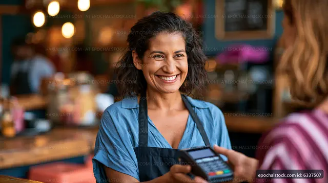 Smiling cashier assists customer with payment in cafe