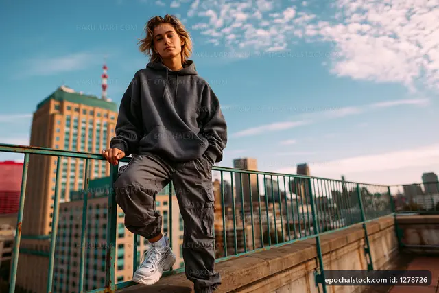 Young person in casual outfit on rooftop with city view