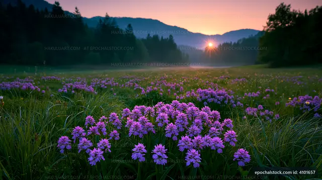 Sunrise over a field of purple flowers in the mountains