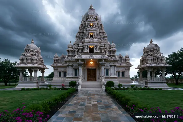 Indian temple with ornate architecture under cloudy sky