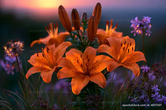 Vibrant orange lilies bloom in a field at sunset
