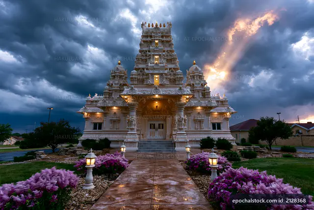 Temple building under stormy skies with purple flowers
