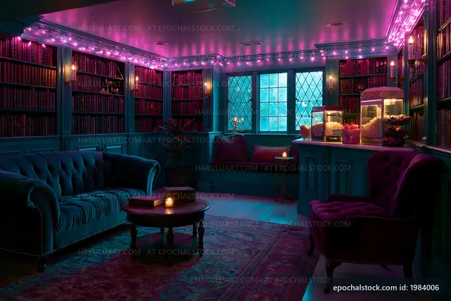 Cozy reading nook with colorful lights and bookshelves