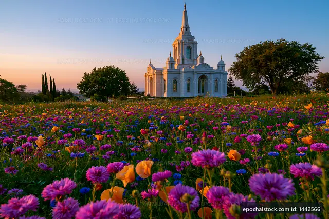 Flowers bloom near a white church at sunset