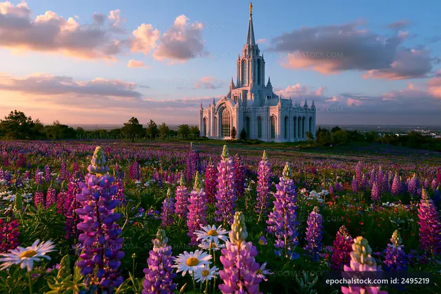 Church building surrounded by purple flowers at sunset