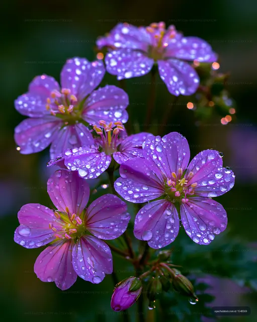 Purple flowers with water droplets close-up in natural light