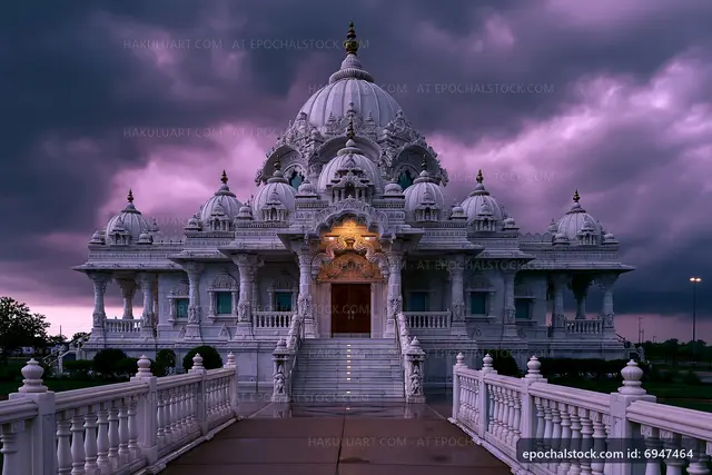 Hindu temple with intricate architecture under stormy sky