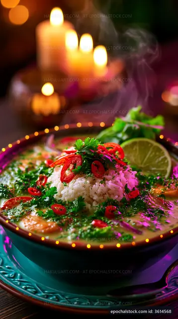 Warm bowl of soup with rice, herbs, and peppers