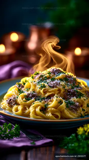 Warm bowl of pasta with steam and herbs on a table