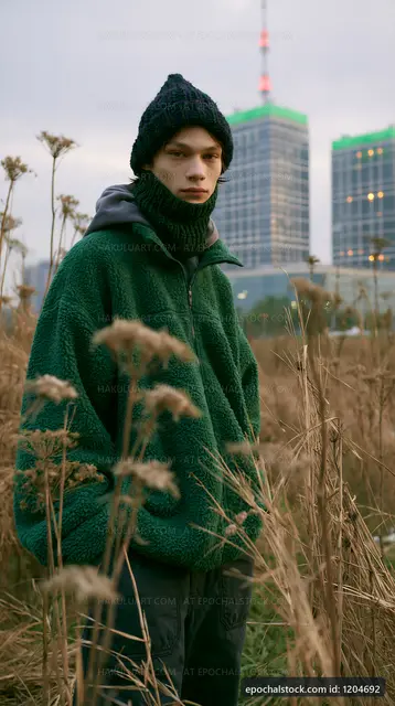 Young person in green jacket stands in tall grass near buildings