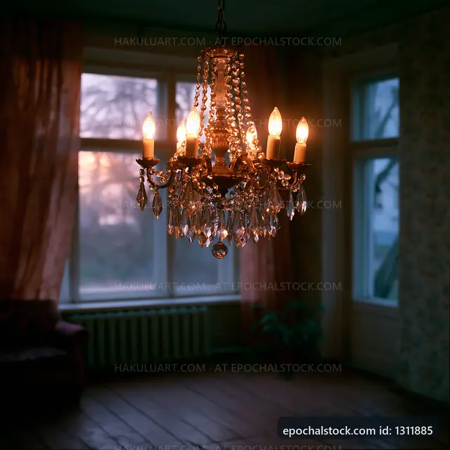 Chandelier with warm light in a dimly lit room at dusk