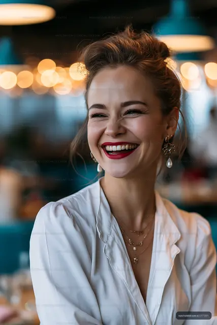 Smiling woman in a modern cafe with bright background lights