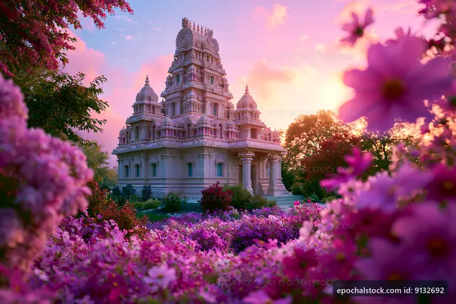 Hindu temple surrounded by colorful flowers at sunset
