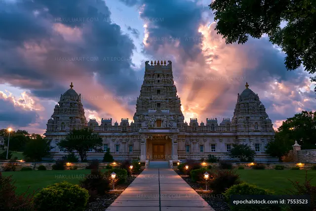 Sunset view of a large temple complex with detailed architecture