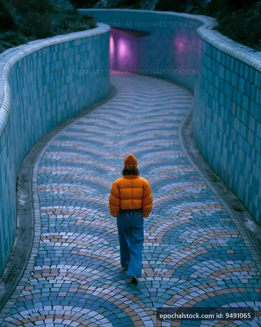 Person walking down a curved path with colorful tiles at dusk