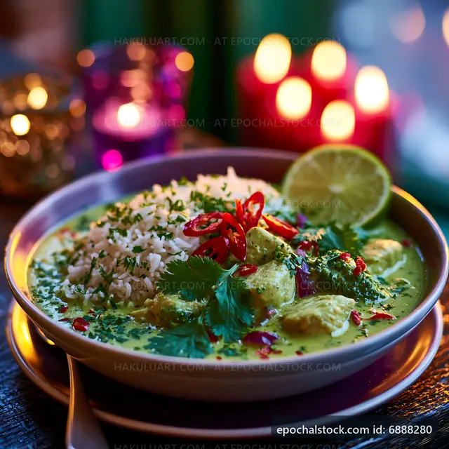 Green curry with rice and fresh herbs on a wooden table