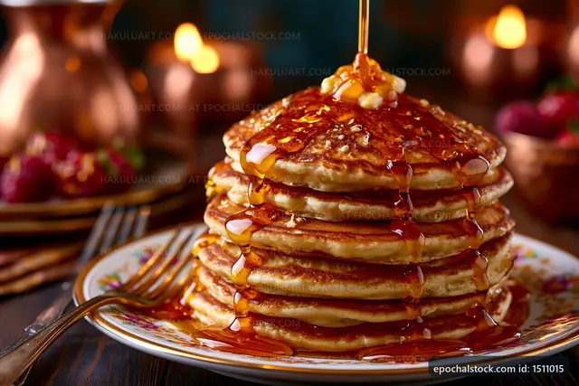 Stack of pancakes with syrup on a plate
