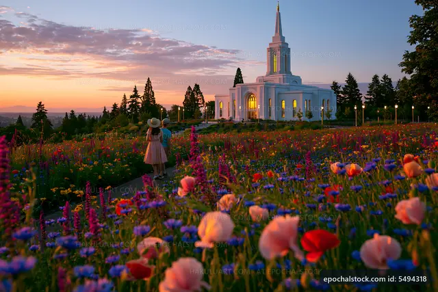 People walking in flowers during sunset near a temple